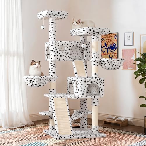 65in Larger Cat Tree Tower Condo for Indoor Kitties (White & Black Spot)