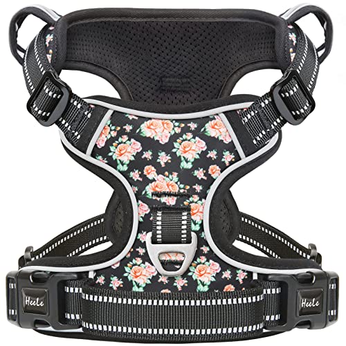 Dog Harness No Pull Adjustable Padded Reflective Harness for Small Medium Large Dogs with Handle for Walking Training (M / Flower-Black)