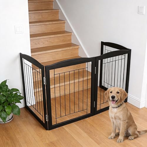 Freestanding Foldable Dog Gate for House Extra Wide Wooden Black Indoor Puppy Gate Stairs Doorways Pet Gate Tall Dog Fence 3 Panels Fence (Black / 【3 Panels】60''w x 24''h)