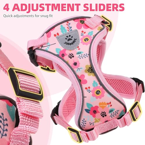 Cat Harness and Leash Set Escape Proof Reflective Cat Walking Harness Adjustable Soft Breathable Mesh Vest for Small Pets (M (NECK 11"-13.7", CHEST 16"-20") / Pink Flowers)