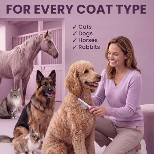 Poodle Pet Detangling Pet Comb with Long & Short Stainless Steel Teeth for Removing Matted Fur (Purple / Detangling Pet Comb)
