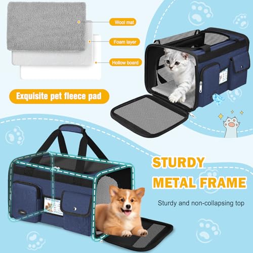 Large Cat Carrier Soft Sided Travel Pet Carrier Airline Approved (Navy Blue)