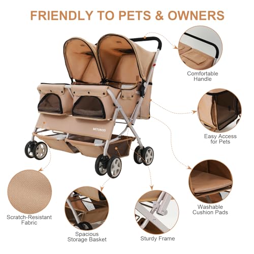 Double Pet Stroller for 2 Small Dogs & Cats (Khaki)