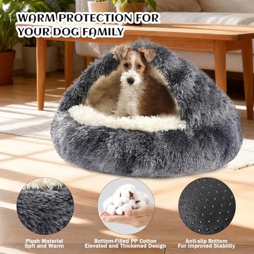 Hooded Donut Bed (Bandhnu Dark grey / Small 19.6'')