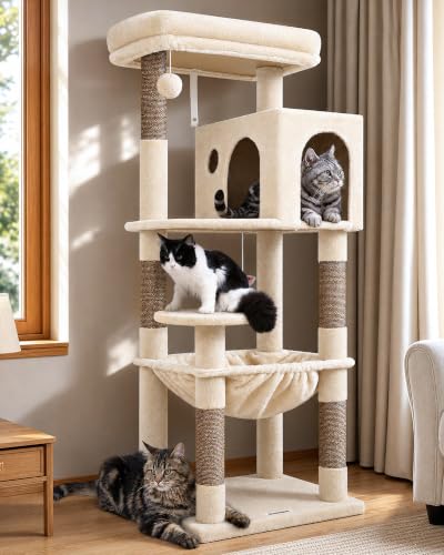 Cat Tree Tower with Scratching Post for Indoor Cats (Beige / L)