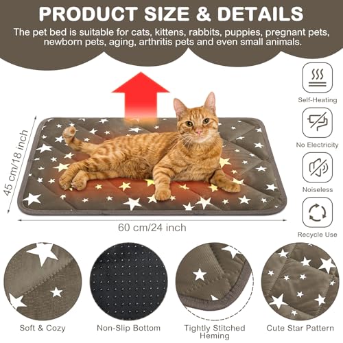 4 Pack Self Warming Cat Bed Self Heating Cat Mat Star Pattern Soft Dog Crate Pad Thermal Pet Mat Anti Slip Kennel Dog Washable Warming Bed for Outdoor Indoor (18 x 24 Inch / Brown)