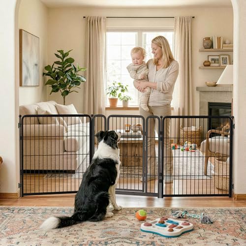 Dog Gate Extra Wide Adjustable for Openings Up to 83" (Black / Up to 83" W【2 Panels + 1 Door】 / 32"H)