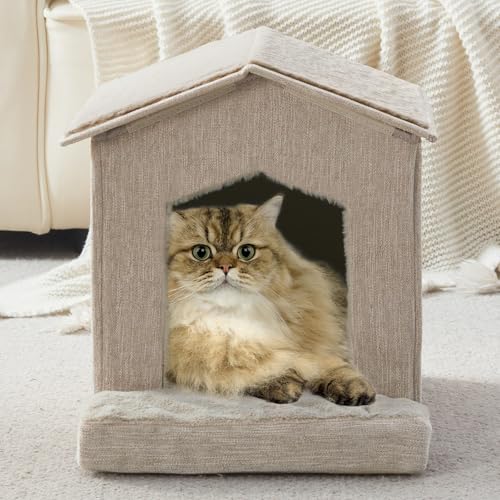 Cat Beds for Indoor Cats (Beige / 13.7"D x 13.4"W x 16"H)