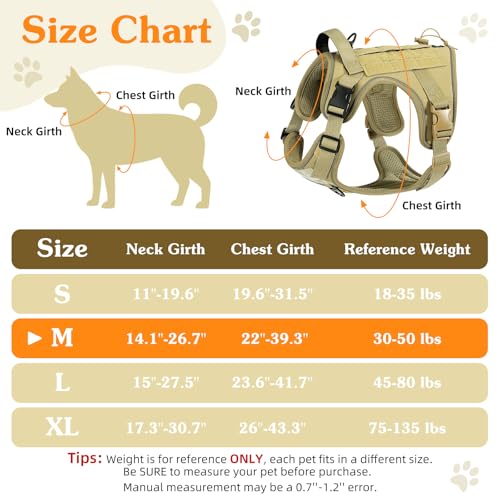 Heavy Duty Tactical Dog Harness for Medium Dog (Army Yellow / M (Chest: 22-39.3", Neck: 14.1-26.7"))
