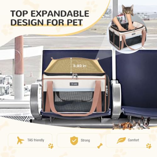 Top Expandable Pet Carrier 17x11x9.5 Inch Alaska Hawaiian Airline Approved Soft Sided Underseat to 12lbs Travel Carriers for Small Dogs and Cats with Locking Safety Zippers Anti (Khaki)