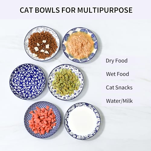 6 Inch Ceramic Cat Bowls (6 Inch, Set of 6 / Vintage Blue)