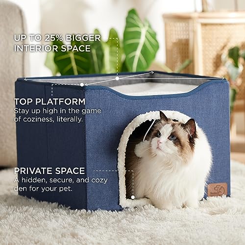 Cat House Bed for Indoor Cats with Fluffy Ball and Scratch Pad (Blue / Single)