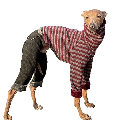 D Doggy Star Italian Greyhound Clothes Stripe Fleece Stretchable Denim Onesie Whippet for Dog Turtleneck Outfits Coat (L / Denim Burgundy)