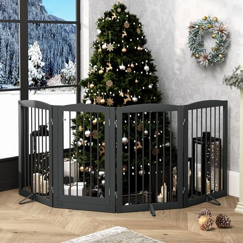 Freestanding Dog Gates with Door Walk Through (4 Panel 32" / Gray)