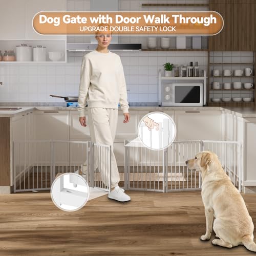 Full Metal Freestanding Dog Gate with Door (【6 Panels】120"W*24H" / White)
