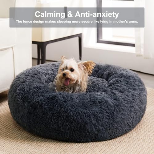 Large Round Calming Dog Bed Cat Bed for Comfy Sleep (45"L x 45"W x10"Th / Navy Grey)