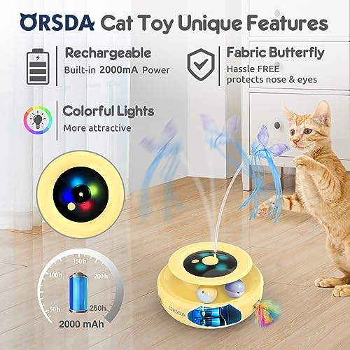 Cat Toy, 3-in-1 Automatic Interactive Electronic Moving Ambush Feather, Fluttering Butterfly, Track Balls, USB Rechargeable Powered Smart Indoor Exercise Kicker (Yellow)
