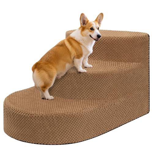 Dog Stairs 3 Steps Foam Pet Ramp for Small Dogs Cats (Khaki-3-Step)
