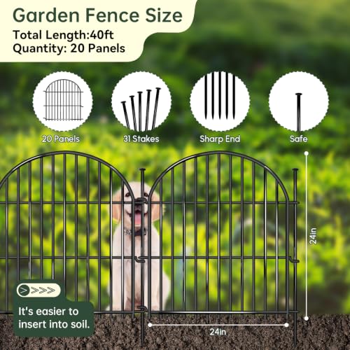20 Panels No Dig Decorative Garden Fence (Black / 20 Panels, 40ft(L) x 24in(H))