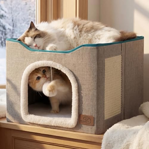Cat House Bed for Indoor Cats with Fluffy Ball and Scratch Pad (Grey / Single)