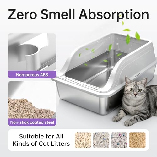 High Sided Stainless Steel XL Cat Litter Box for Cats (Grey XL 2 pack)