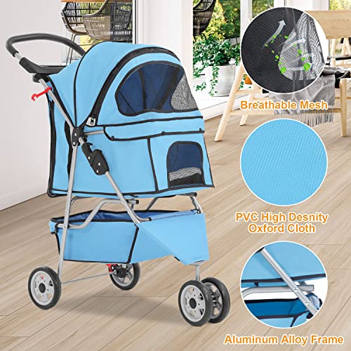 3 Wheel Foldable Pet Stroller (Blue / 3 Wheels)