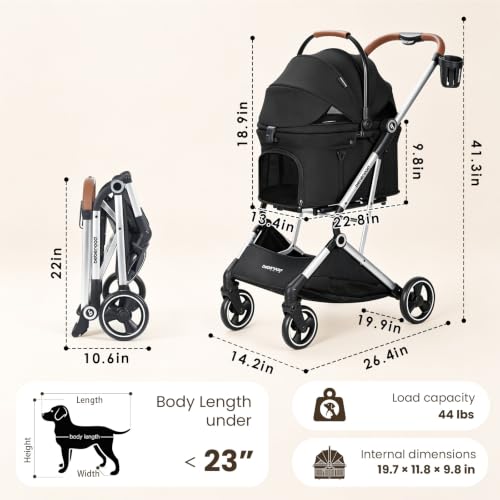 T3 Pro Pet Stroller for Small Dog & Cats up to 44 lbs (Black / T3 Pro)