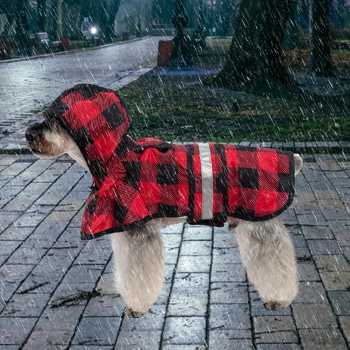 Dog Raincoat Hooded Slicker Poncho with Leash Hole (S:10-15lbs / Plaid Red)