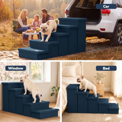5 Step Wide Dog Stairs with Storage 23" H (Navy Blue / 50"D x 17"W x 23"H)