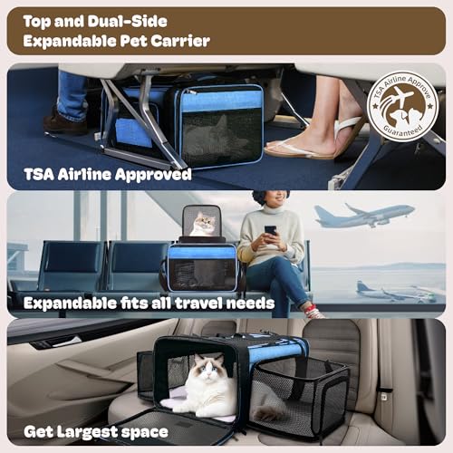 Top and 2 Sides Expandable Cat Carrier 18x13.5x9.5 TSA Airline Approved (Blue / 18.0"L x 13.5"W x 9.5"H)
