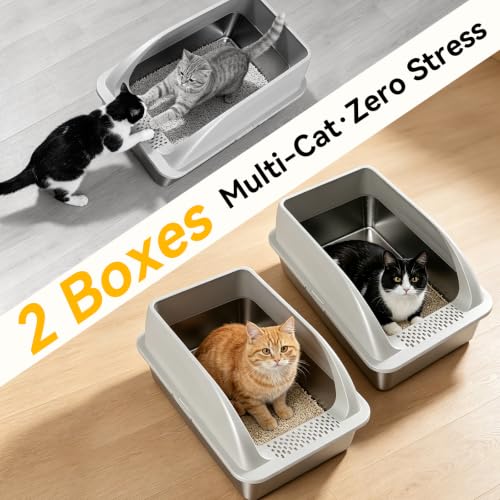 XL Stainless Steel Litter Box for Cats (Light Gray-2Pack)