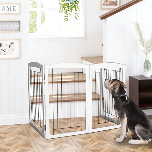 Freestanding Foldable Dog Gate Wooden Extra Wide White Puppy Gate 6 Panels Tall Pet Gates for The House Dog Fence (White / 【6 Panels】120''w x 32''h)