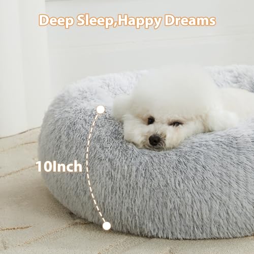 Large Round Calming Dog Bed Cat Bed for Comfy Sleep (36"L x 36"W x 10"Th / light grey)