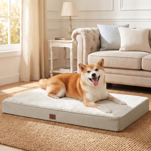 Large Memory Foam Dog Crate Bed Washable (Beige / 35*23*3 Inches)