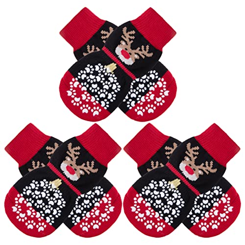 6PCS Anti Slip Dog Socks to Prevent Licking Paws (Medium (6 Count) / Christmas Red and Black)