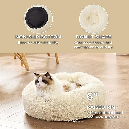 Calming Cat Beds Donut Round Washable Kitten Bed (20"L x 20"W x 6"Th / Ivory Beige)