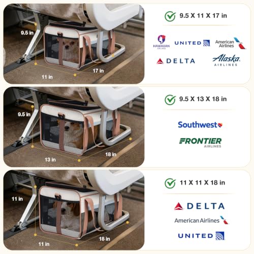 Top Expandable Pet Carrier 17x11x9.5 Inch Alaska Hawaiian Airline Approved Soft Sided Underseat to 12lbs Travel Carriers for Small Dogs and Cats with Locking Safety Zippers Anti (Khaki)
