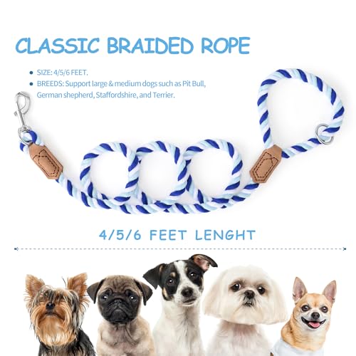 Rainbow Dog Leash Braided Cotton Rope w Leather (Blue Gradient / 60 Inch-1/2")