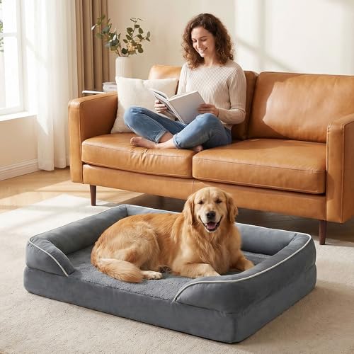 Waterproof Orthopedic Dog Bed for Extra Large Dogs with Bolster (Grey / XL (42"x30" - 4" Thick))