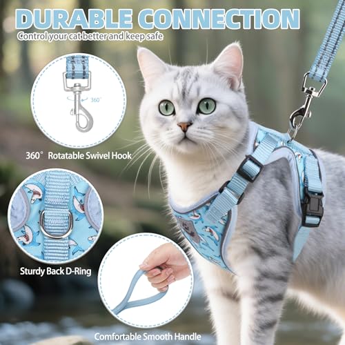 Cat Harness and Leash Set Escape Proof Reflective Cat Walking Harness Adjustable Soft Breathable Mesh Vest for Small Pets (M (NECK 11"-13.7", CHEST 16"-20") / Blue Sharks)