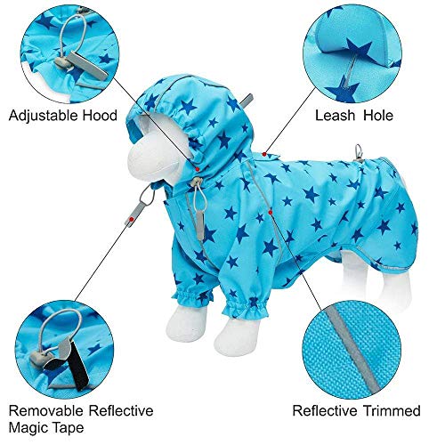 12" Star Prints Lightweight Reflective Waterproof Dog Raincoat with Hood & Harness Hole (12 Inch / 2-legged - Blue, Star Prints)
