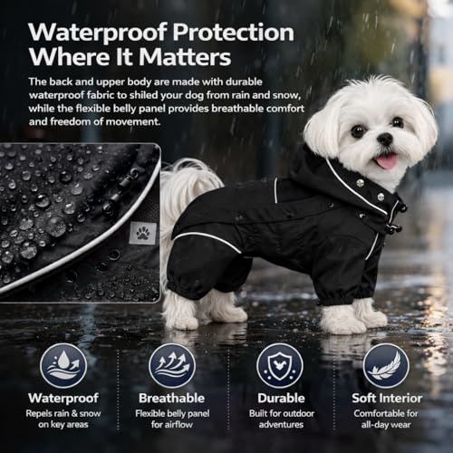 Waterproof Dog Raincoat with Removable Hood (Black / S (Back 11.5"))
