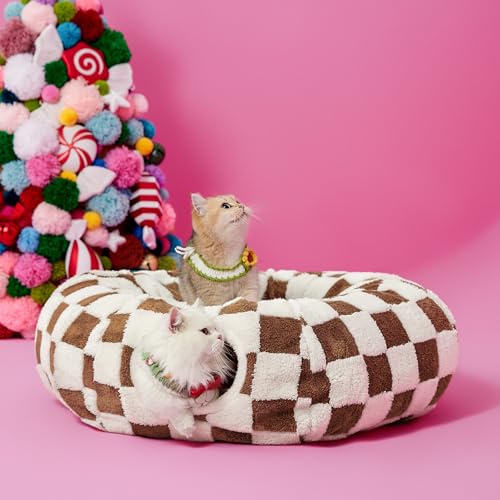 Lesure Donut Cute Jacquard Cat Tunnel Bed Kitten Toys for Puppy Bunny (Standard (33.5"L x 33.5"W x 10"H) / Brown Checks)