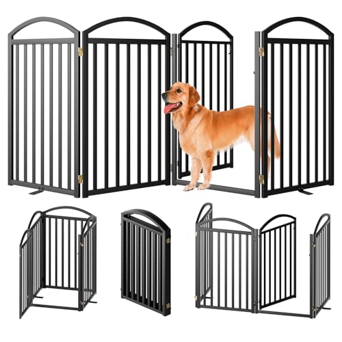 4 Panels Full Matel Freestanding Dog Gates with Door (【4 Panels with Door】96"W*36H" / Black)