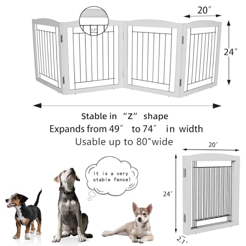 Freestanding Foldable Dog Gate for House Extra Wide Wooden White Indoor Puppy Gate Stairs Dog Gates Doorways Tall Pet Gate 4 Panels Fence (White / 【4 Panels】80''w x 24''h)