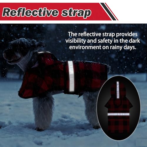 Winter Dog Raincoat Hooded Slicker Poncho with Leash Hole (S:10-15lbs / Red&Black(Thick Fleece))