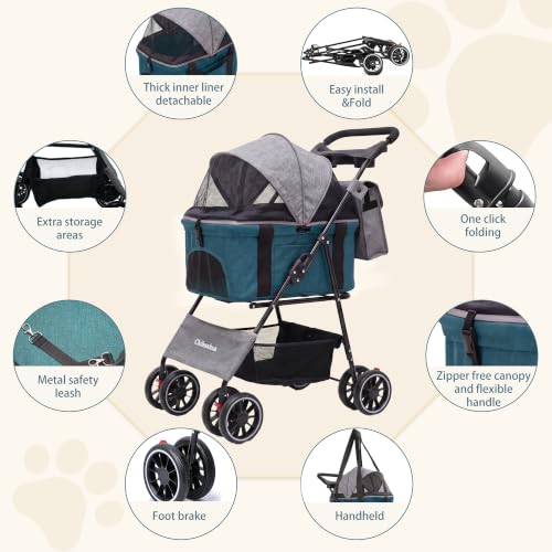 2-in-1 Foldable Pet Stroller 4-Wheel for Small Dogs & Cats,Black+Green (Black+Green)