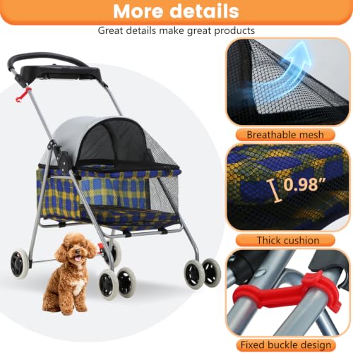 Foldable Pet Stroller for Small (Yellow Plaid)