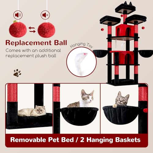 Big XL Gothic Cat Tower for Indoor Multiple Cats (Black Red / 68 inch)