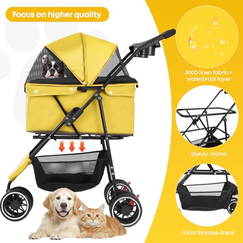 Pet Stroller Dog Stroller for Small Medium Dogs Cats (Yellow)